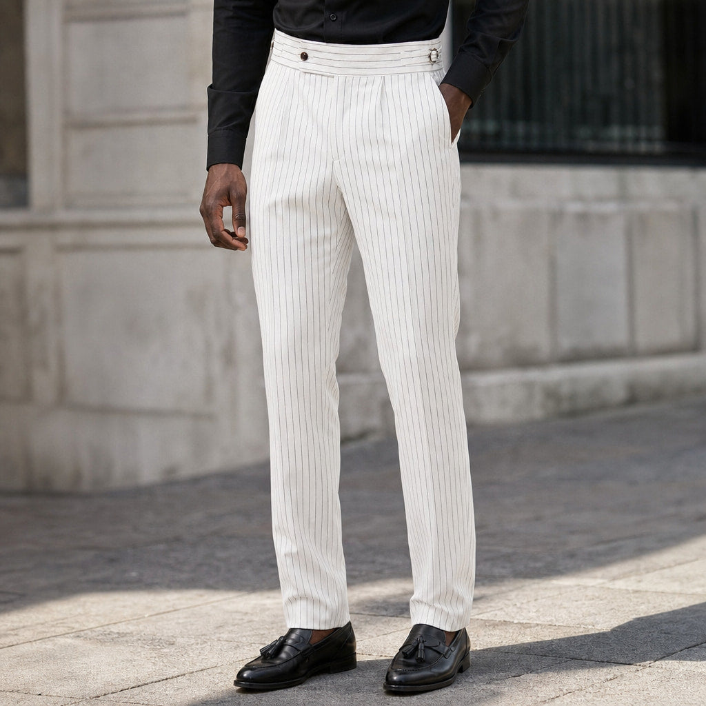 Dress Pants Pleated Front Striped White – Styled Editorial Shot