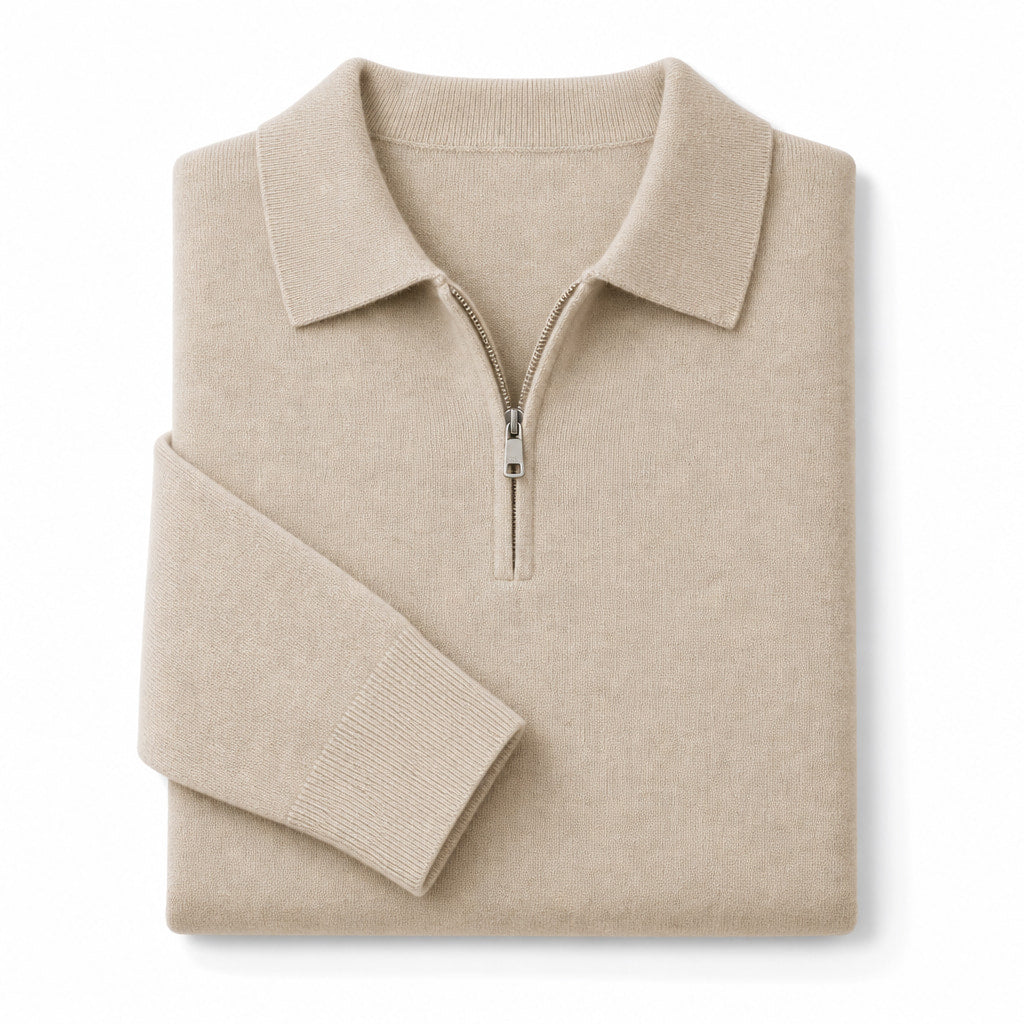 Quarter Zip Sweater Polo Collar Ribbed Knit Beige – Product Photo