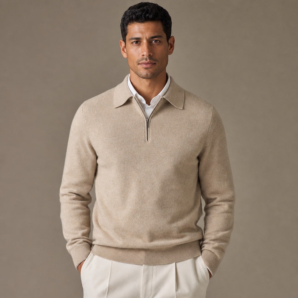 Quarter Zip Sweater Polo Collar Ribbed Knit in Beige – Tarlano Premium Menswear