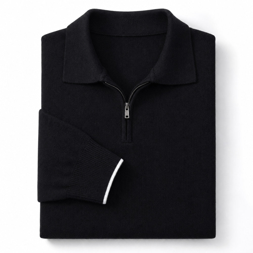 Quarter Zip Sweater Polo Collar Ribbed Knit Black – Product Photo