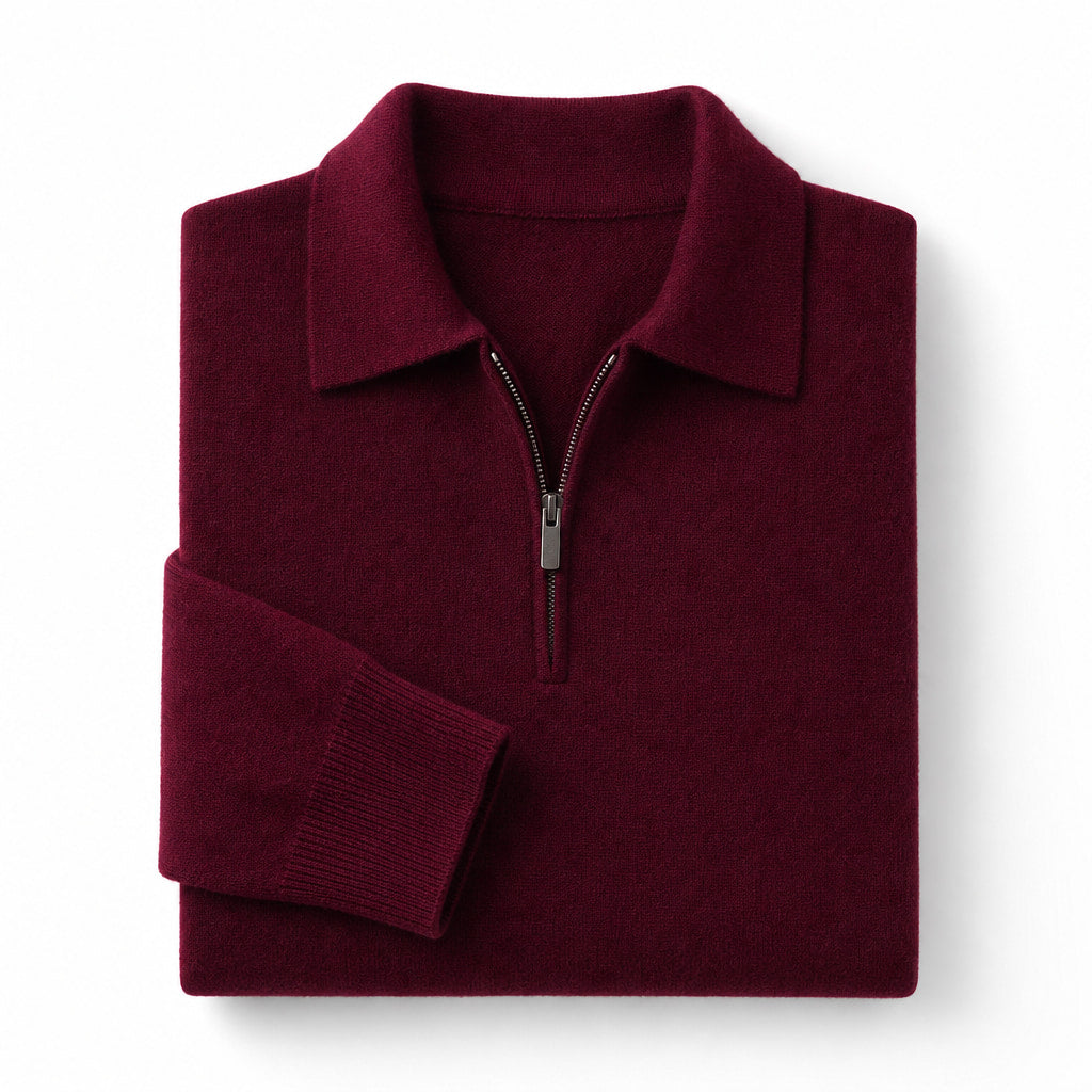 Quarter Zip Sweater Polo Collar Ribbed Knit Burgundy – Product Photo