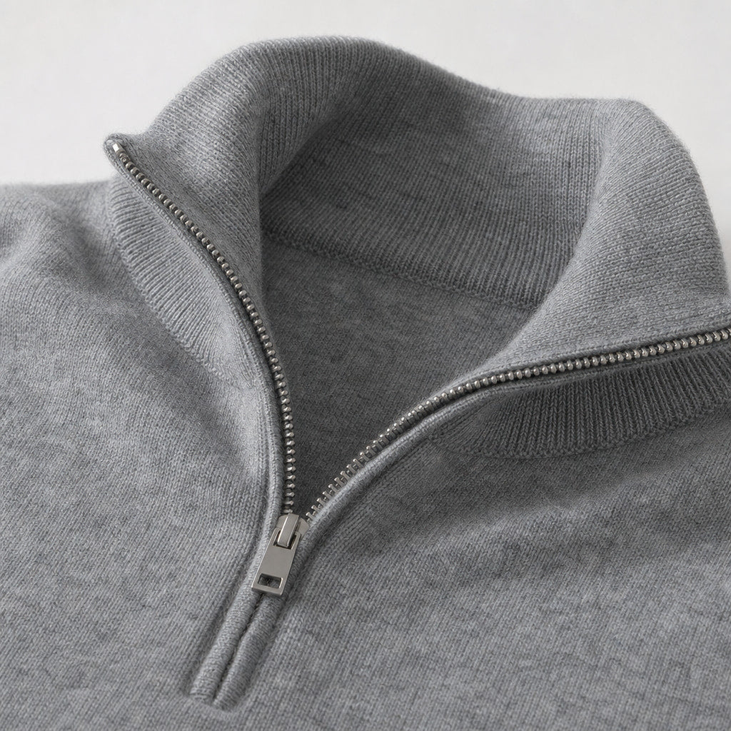 Quarter Zip Sweater Polo Collar Ribbed Knit Gray – Fabric and Detail Close-Up
