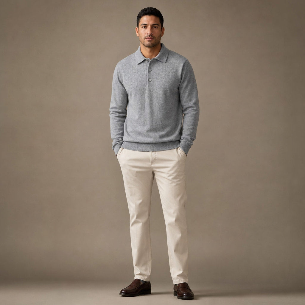 Quarter Zip Sweater Polo Collar Ribbed Knit Gray – Full Look
