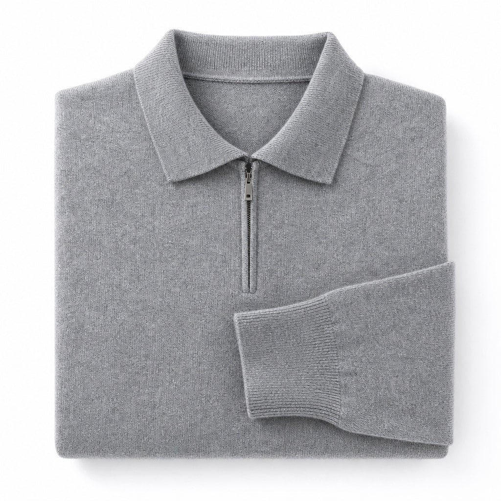 Quarter Zip Sweater Polo Collar Ribbed Knit Gray – Product Photo