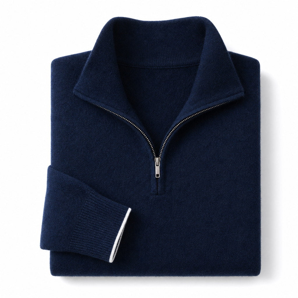 Quarter Zip Sweater Polo Collar Ribbed Knit Navy – Product Photo