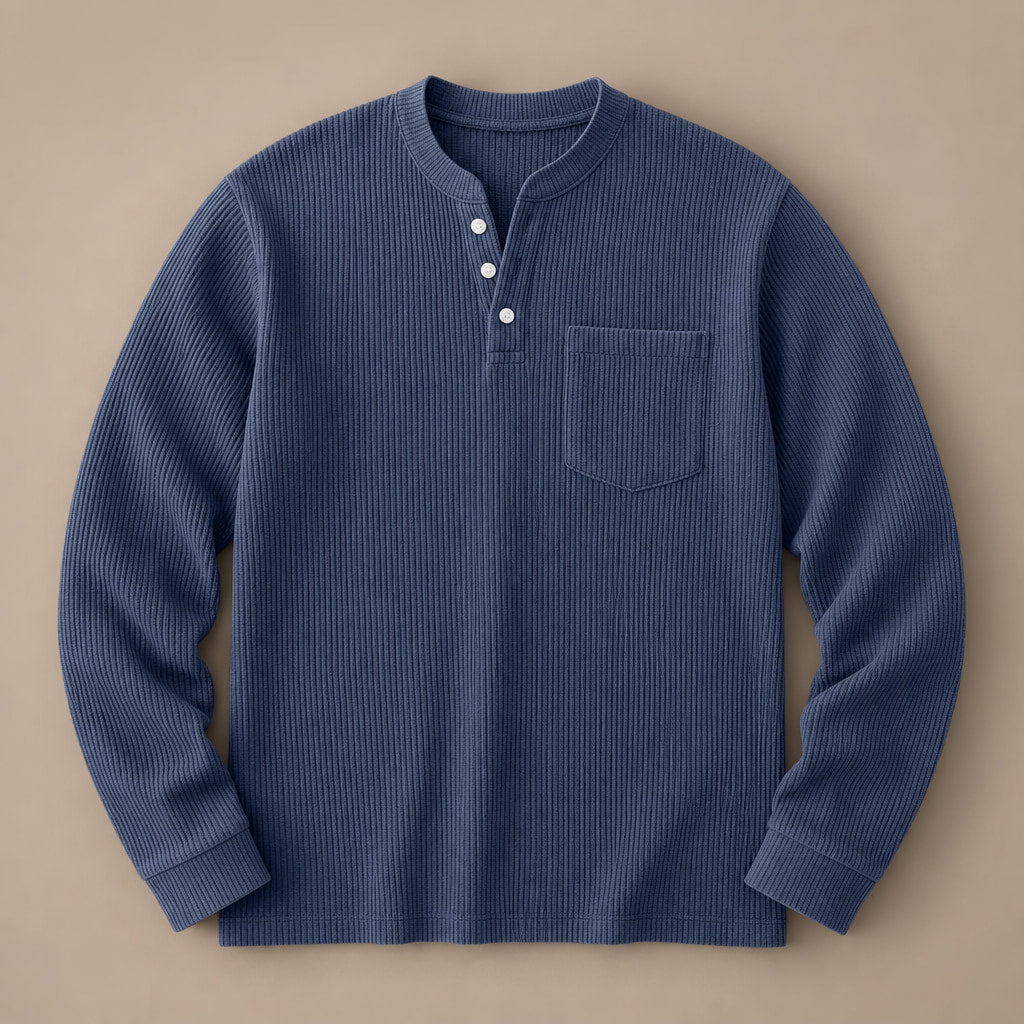 Long Sleeve Henley Waffle Knit Dark Blue – Product Photo
