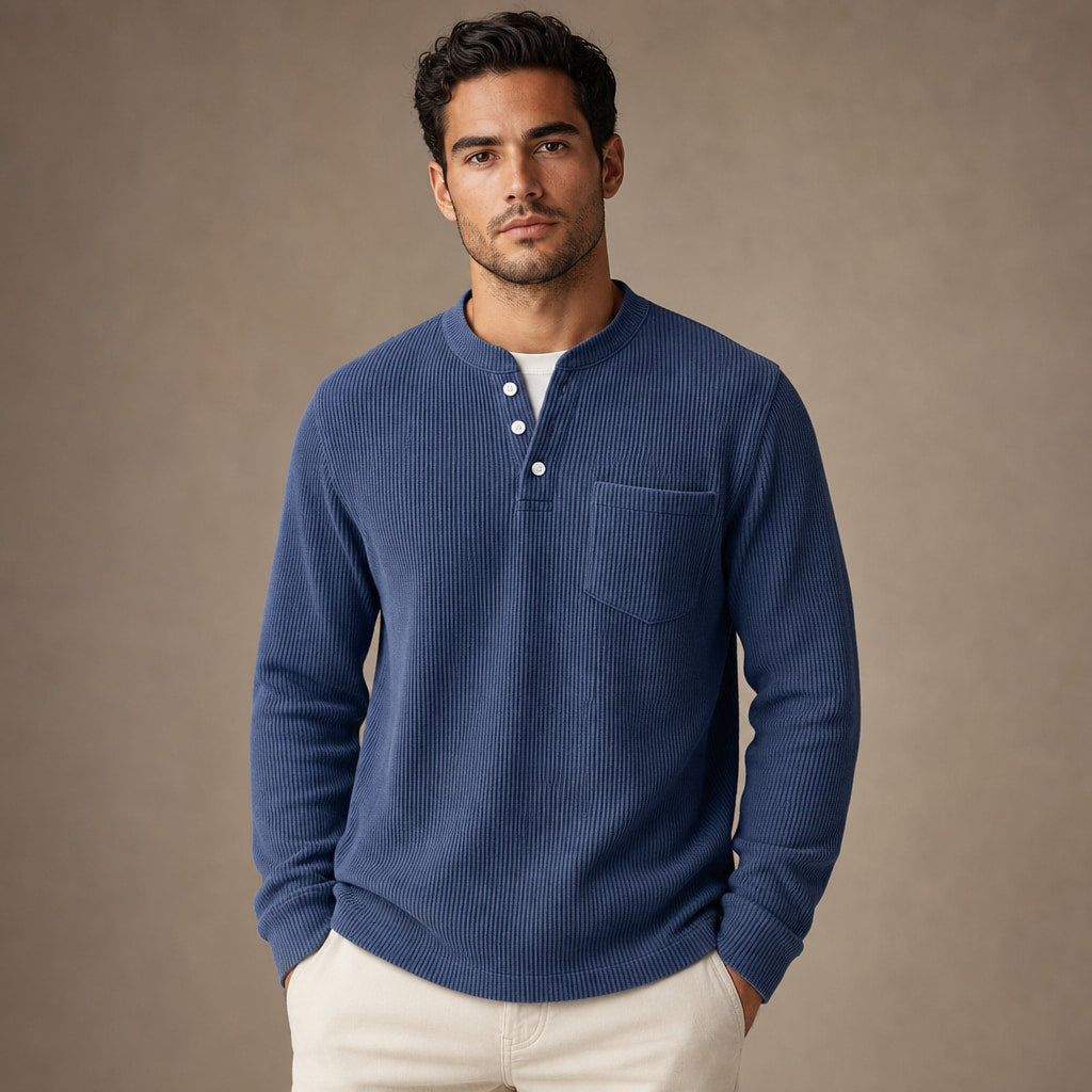 Long Sleeve Henley Waffle Knit in Dark Blue – Tarlano Premium Menswear