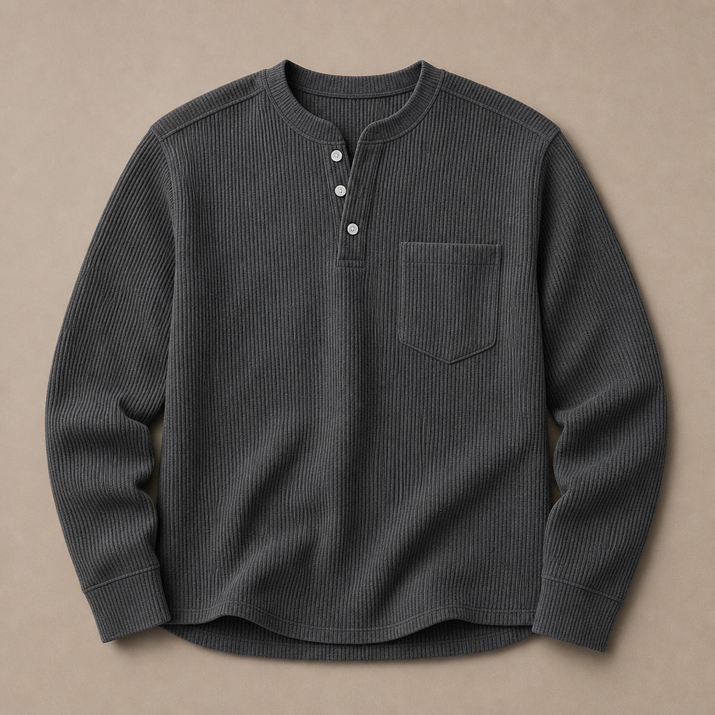 Long Sleeve Henley Waffle Knit Dark Gray – Product Photo