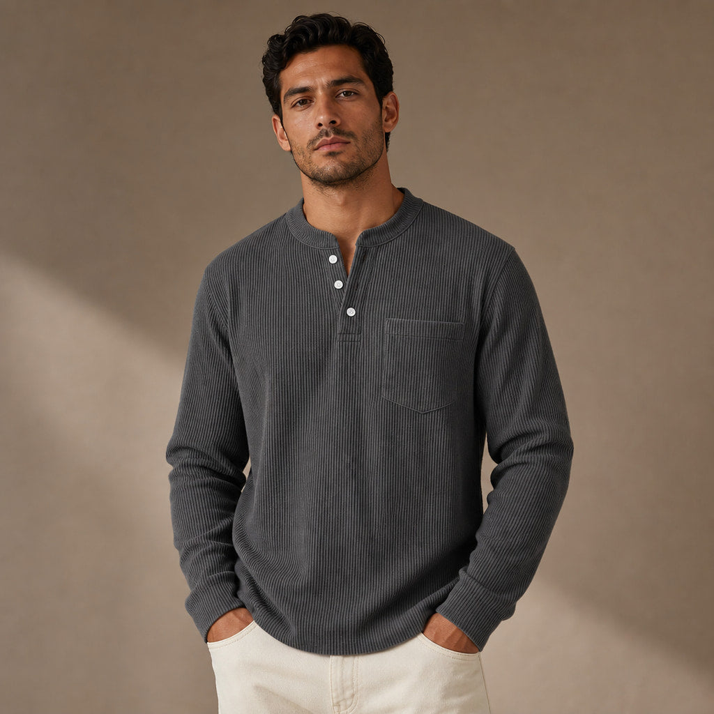 Long Sleeve Henley Waffle Knit in Dark Gray – Tarlano Premium Menswear