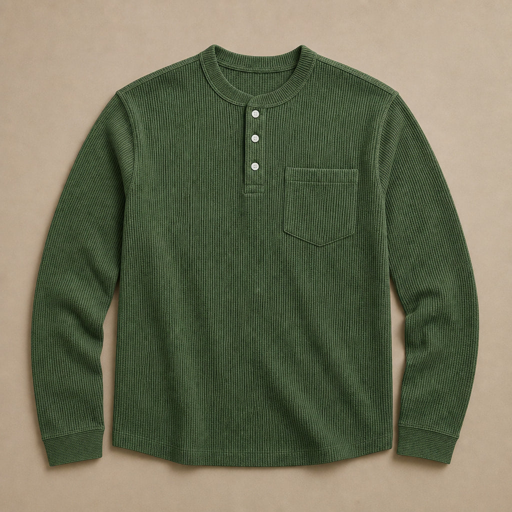 Long Sleeve Henley Waffle Knit Ink Green – Product Photo