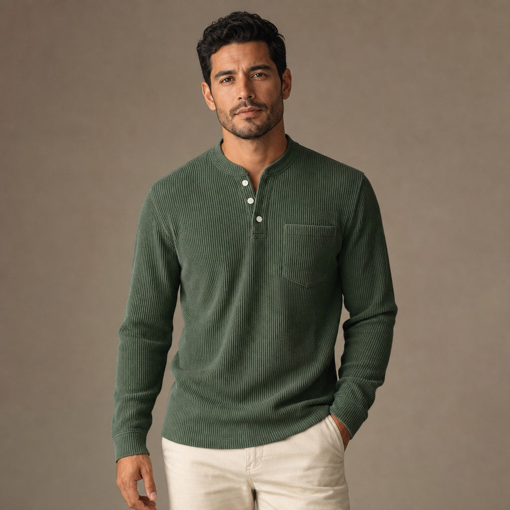 Long Sleeve Henley Waffle Knit in Ink Green – Tarlano Premium Menswear