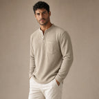 Long Sleeve Henley Waffle Knit Khaki – Side Angle View