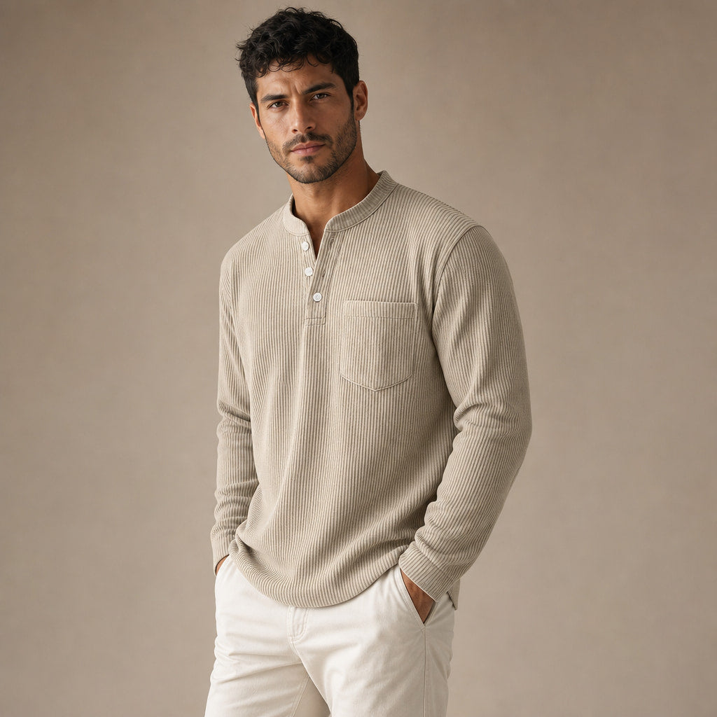 Long Sleeve Henley Waffle Knit Khaki – Side Angle View