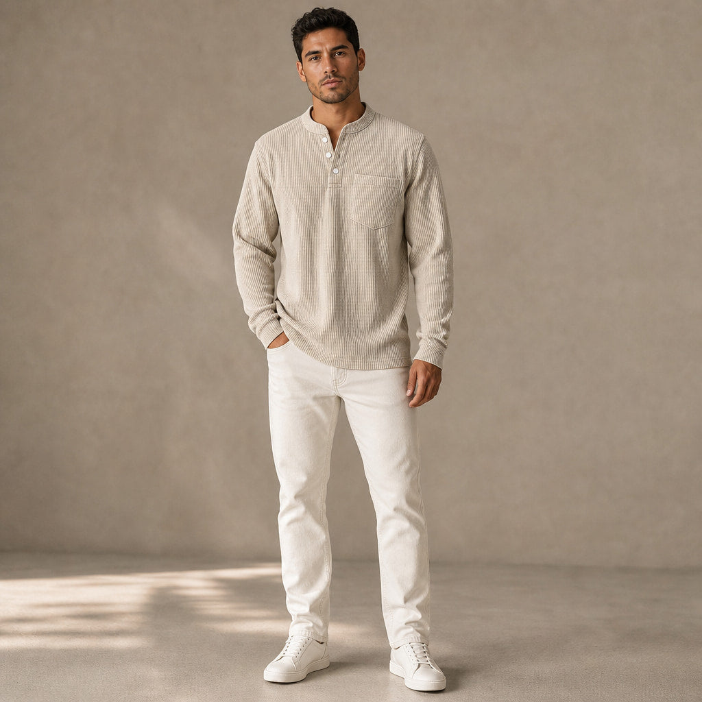 Long Sleeve Henley Waffle Knit Khaki – Full Look