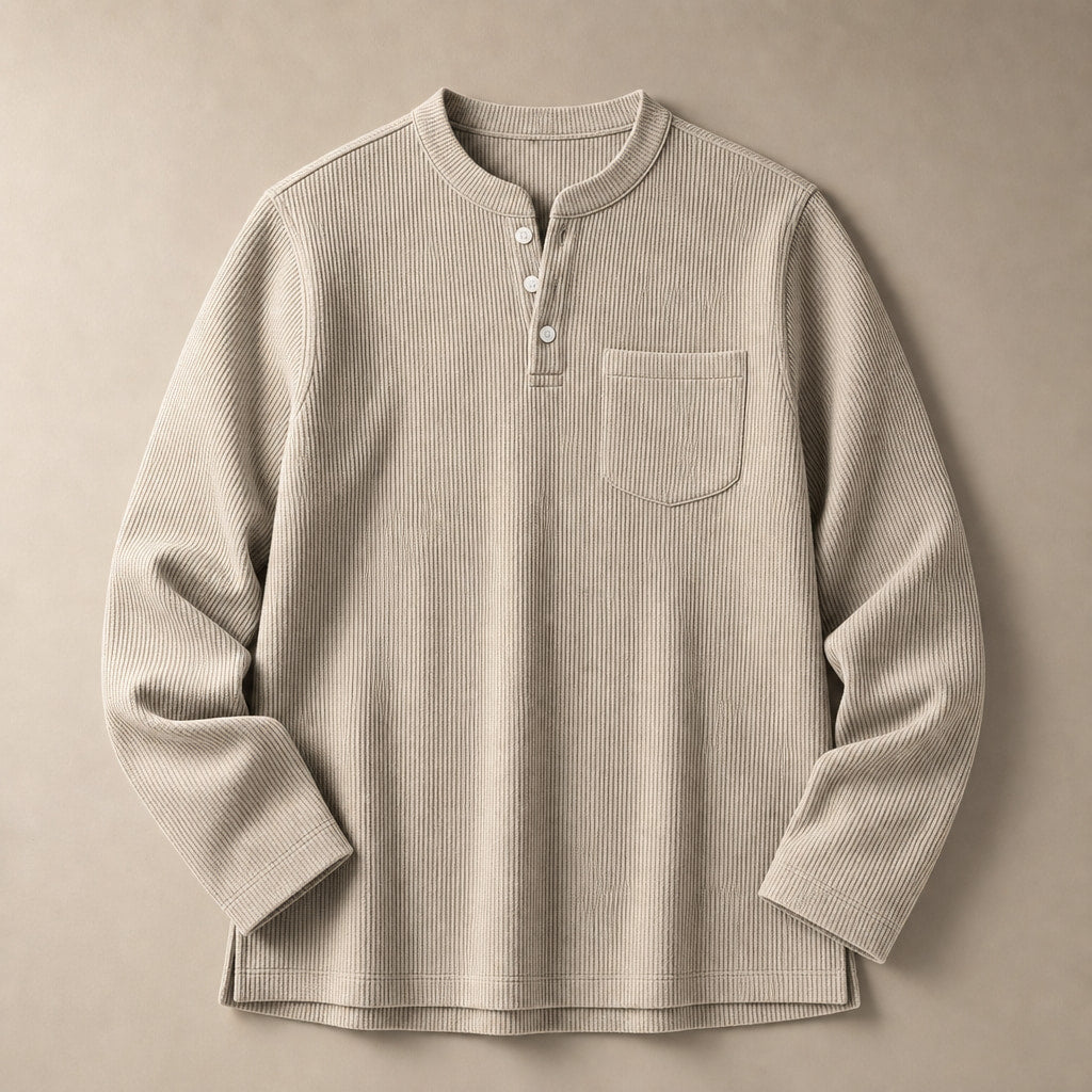 Long Sleeve Henley Waffle Knit Khaki – Product Photo