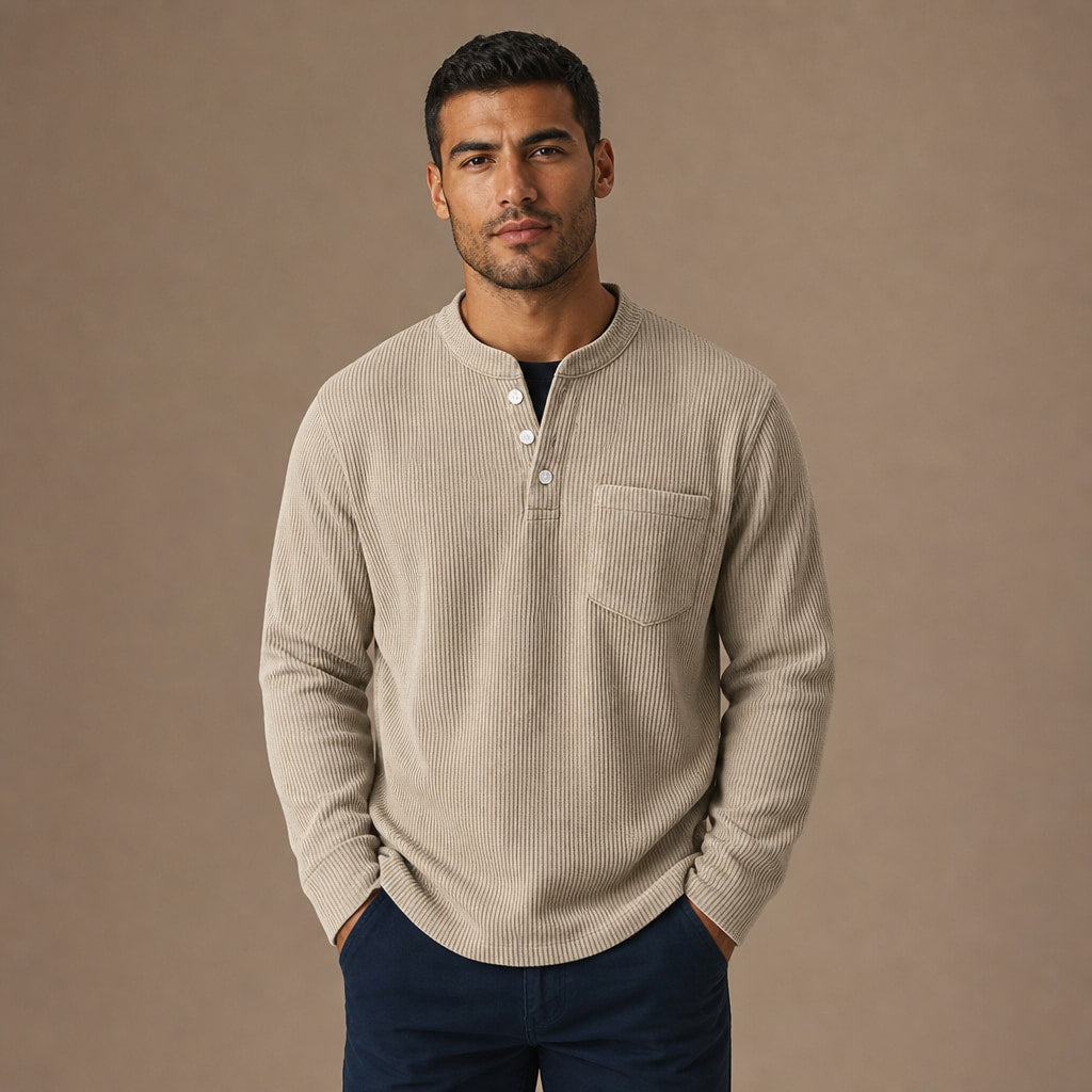 Long Sleeve Henley Waffle Knit in Khaki – Tarlano Premium Menswear