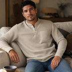 Long Sleeve Henley Waffle Knit Khaki – Styled Editorial Shot