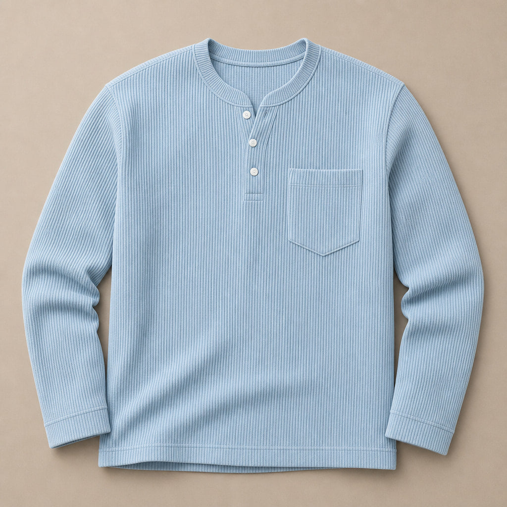 Long Sleeve Henley Waffle Knit Light Blue – Product Photo