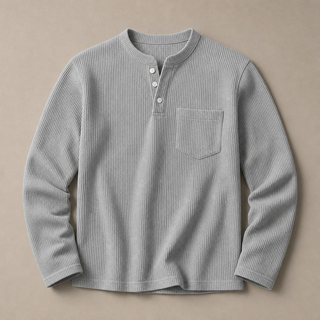 Long Sleeve Henley Waffle Knit Light Gray – Product Photo