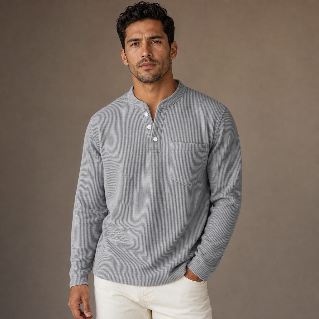 Long Sleeve Henley Waffle Knit in Light Gray – Tarlano Premium Menswear