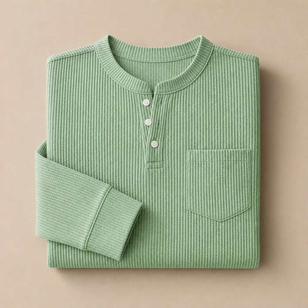 Long Sleeve Henley Waffle Knit Light Green – Product Photo