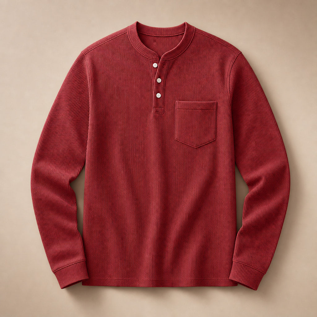 Long Sleeve Henley Waffle Knit Red – Product Photo