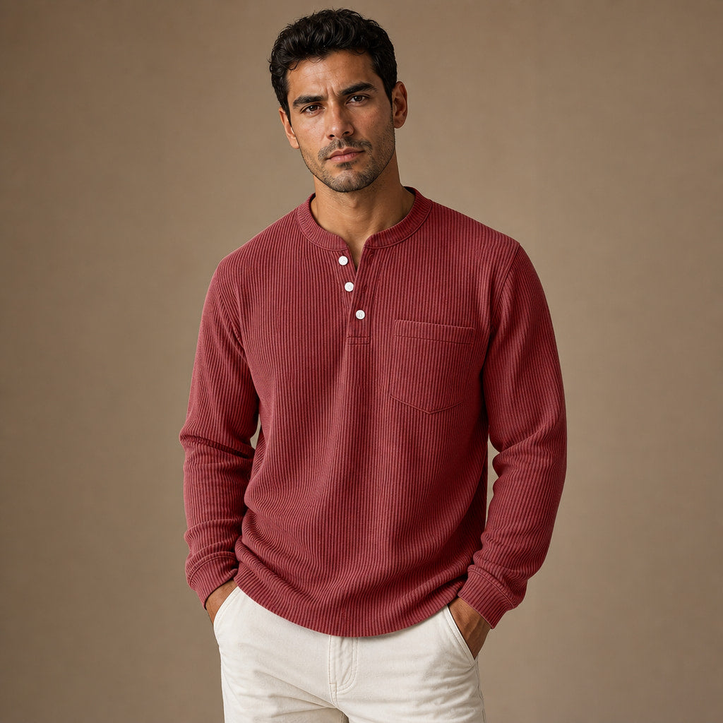 Long Sleeve Henley Waffle Knit in Red – Tarlano Premium Menswear