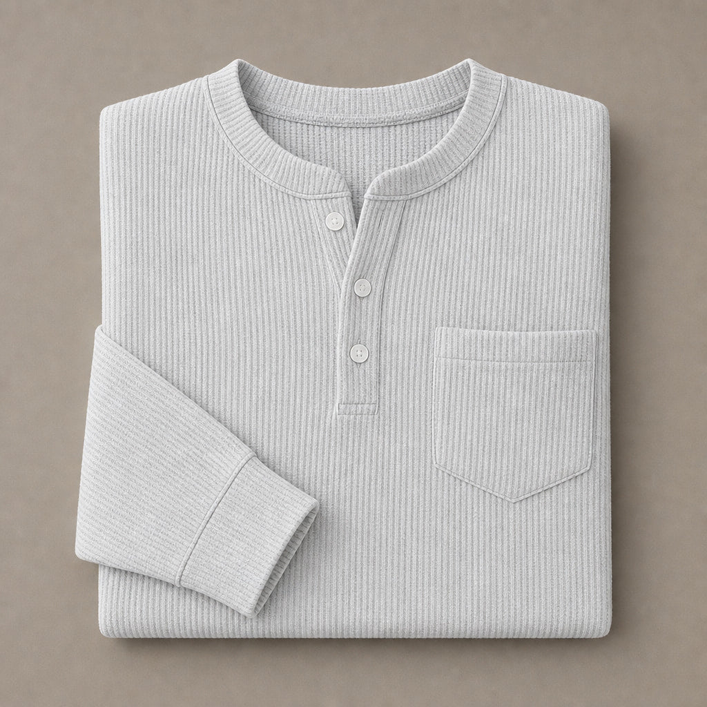 Long Sleeve Henley Waffle Knit White – Product Photo