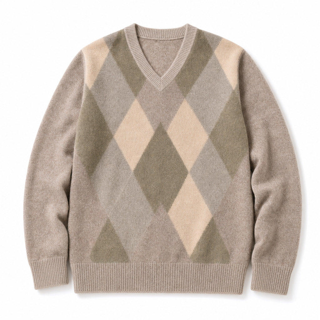 V-Neck Plaid Knit Sweater Long Sleeve Pullover Beige – Product Photo