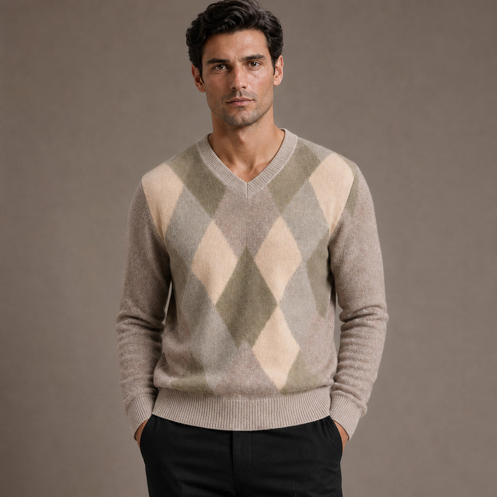 V-Neck Plaid Knit Sweater Long Sleeve Pullover in Beige – Tarlano Premium Menswear