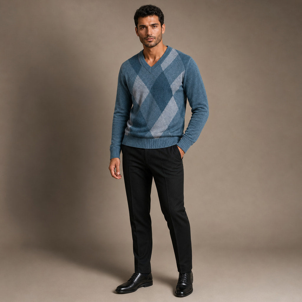 V-Neck Plaid Knit Sweater Long Sleeve Pullover Blue – Side Angle View