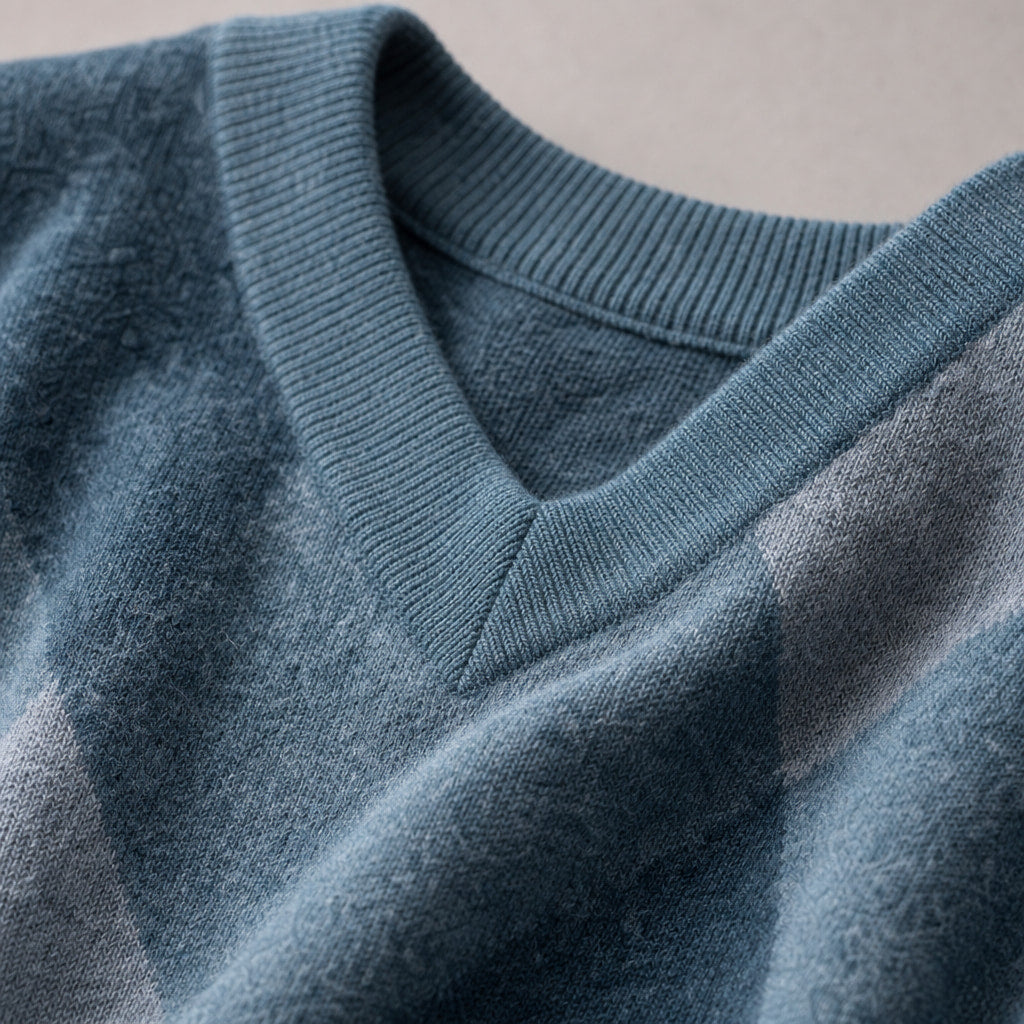 V-Neck Plaid Knit Sweater Long Sleeve Pullover Blue – Fabric and Detail Close-Up