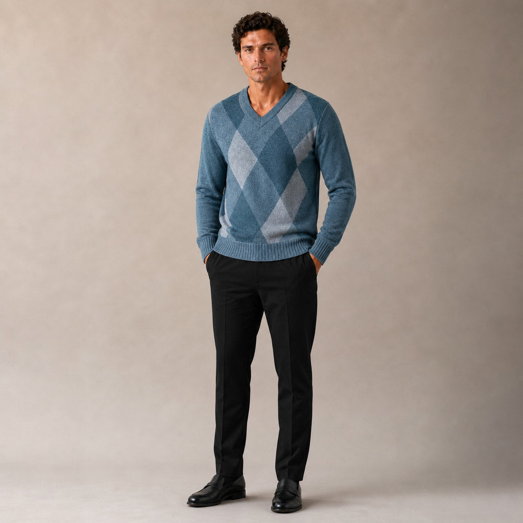 V-Neck Plaid Knit Sweater Long Sleeve Pullover Blue – Full Look