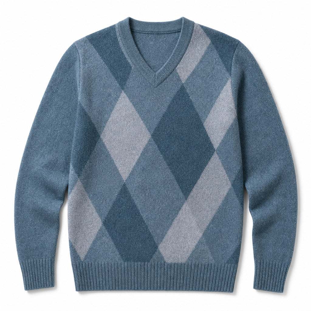V-Neck Plaid Knit Sweater Long Sleeve Pullover Blue – Product Photo