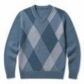V-Neck Plaid Knit Sweater Long Sleeve Pullover Blue – Product Photo