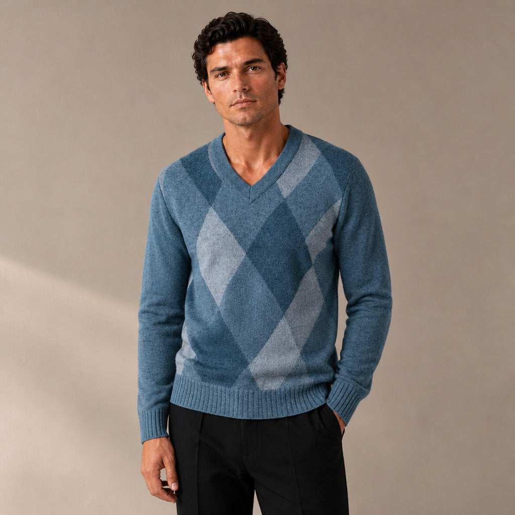 V-Neck Plaid Knit Sweater Long Sleeve Pullover in Blue – Tarlano Premium Menswear