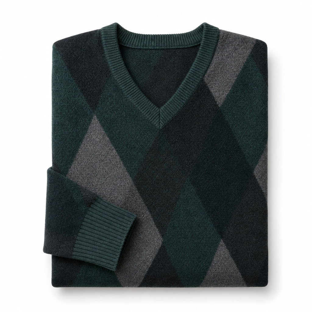 V-Neck Plaid Knit Sweater Long Sleeve Pullover Green – Product Photo