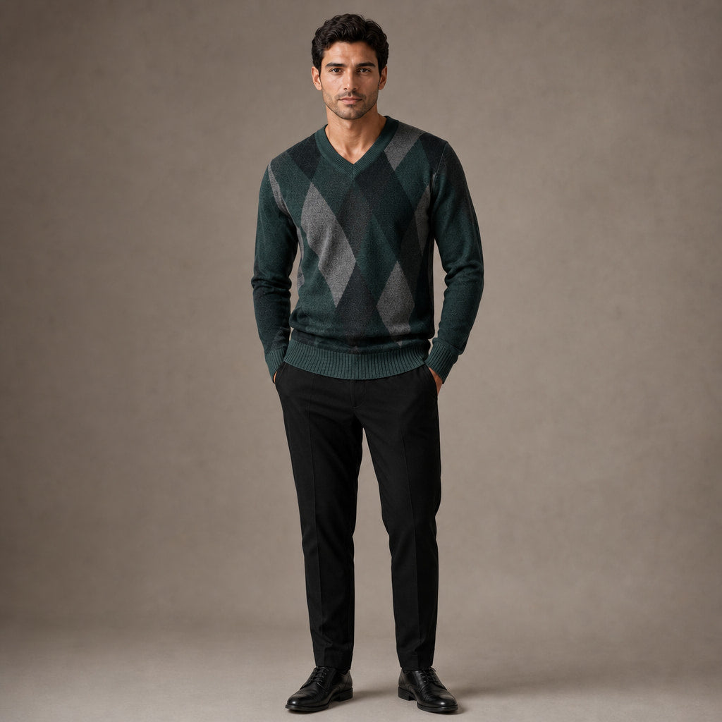 V-Neck Plaid Knit Sweater Long Sleeve Pullover in Green – Tarlano Premium Menswear