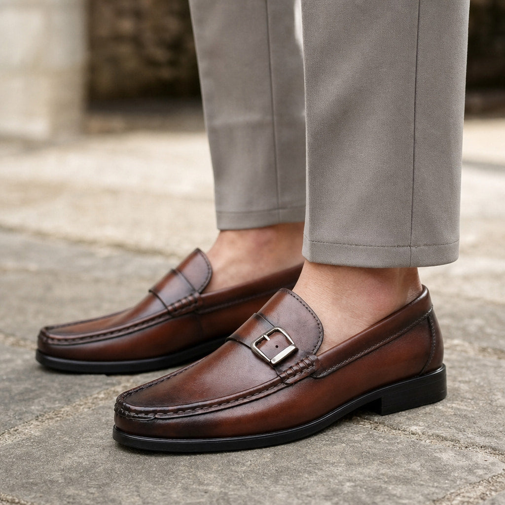 Loafer Shoes Leather Bit Buckle Detail Brown – Side Angle View