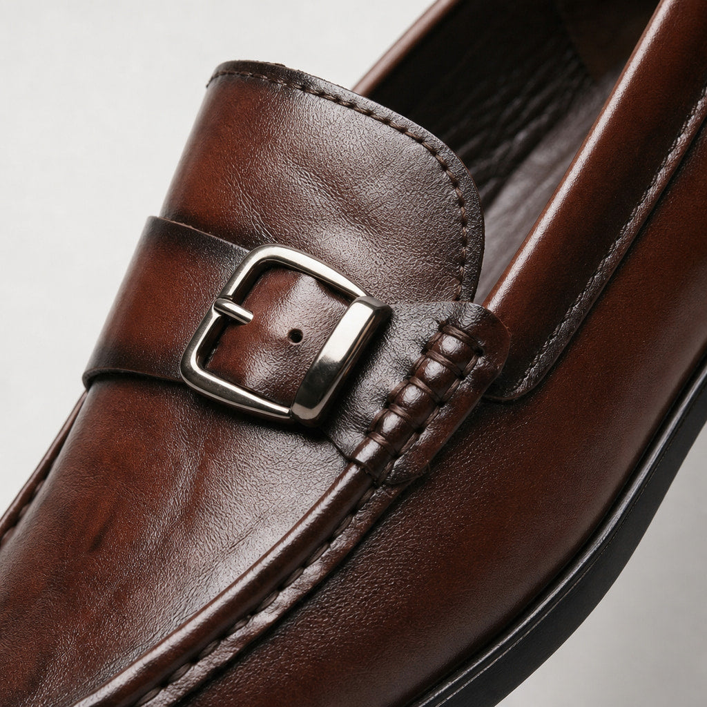 Loafer Shoes Leather Bit Buckle Detail Brown – Fabric and Detail Close-Up