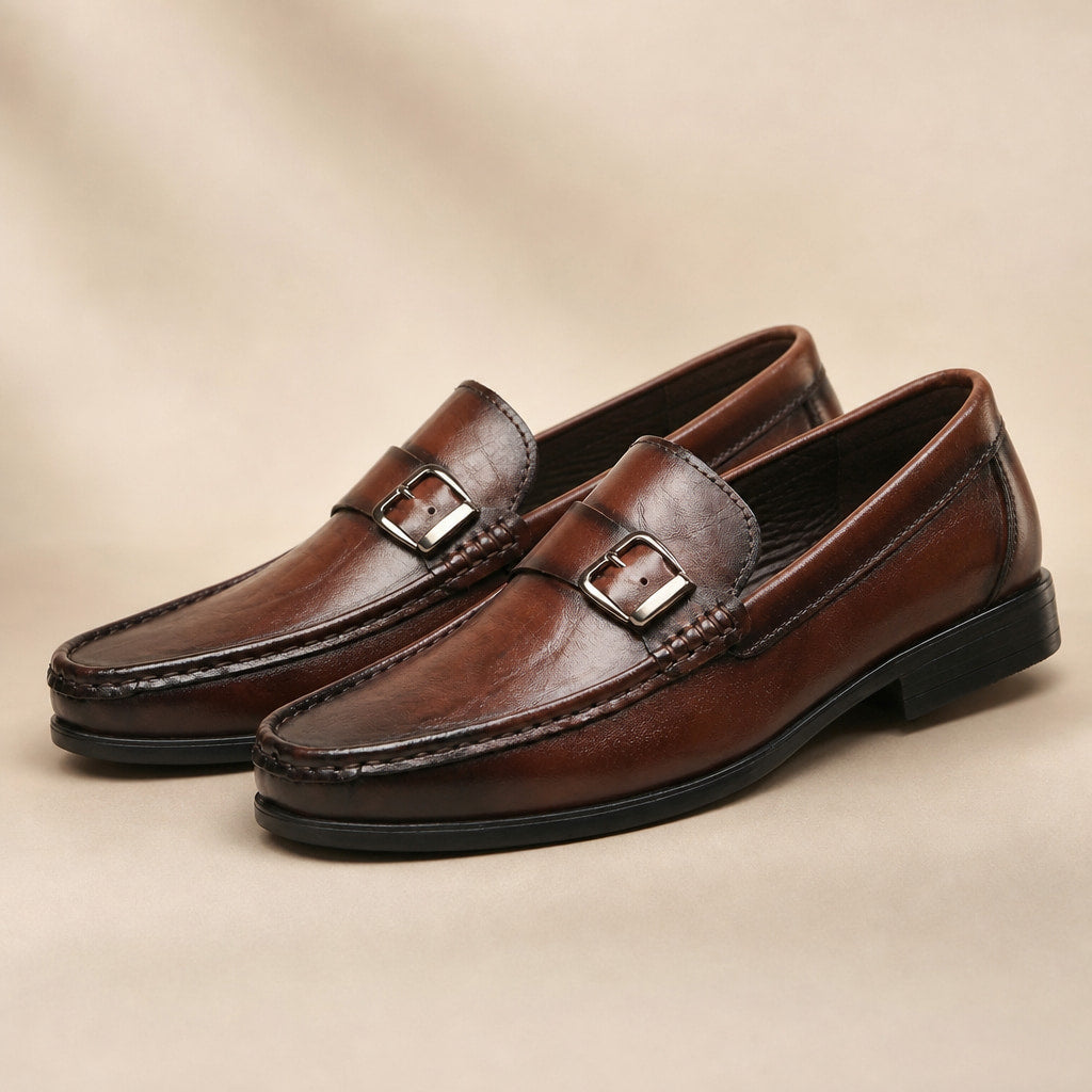 Loafer Shoes Leather Bit Buckle Detail Brown – Product Photo