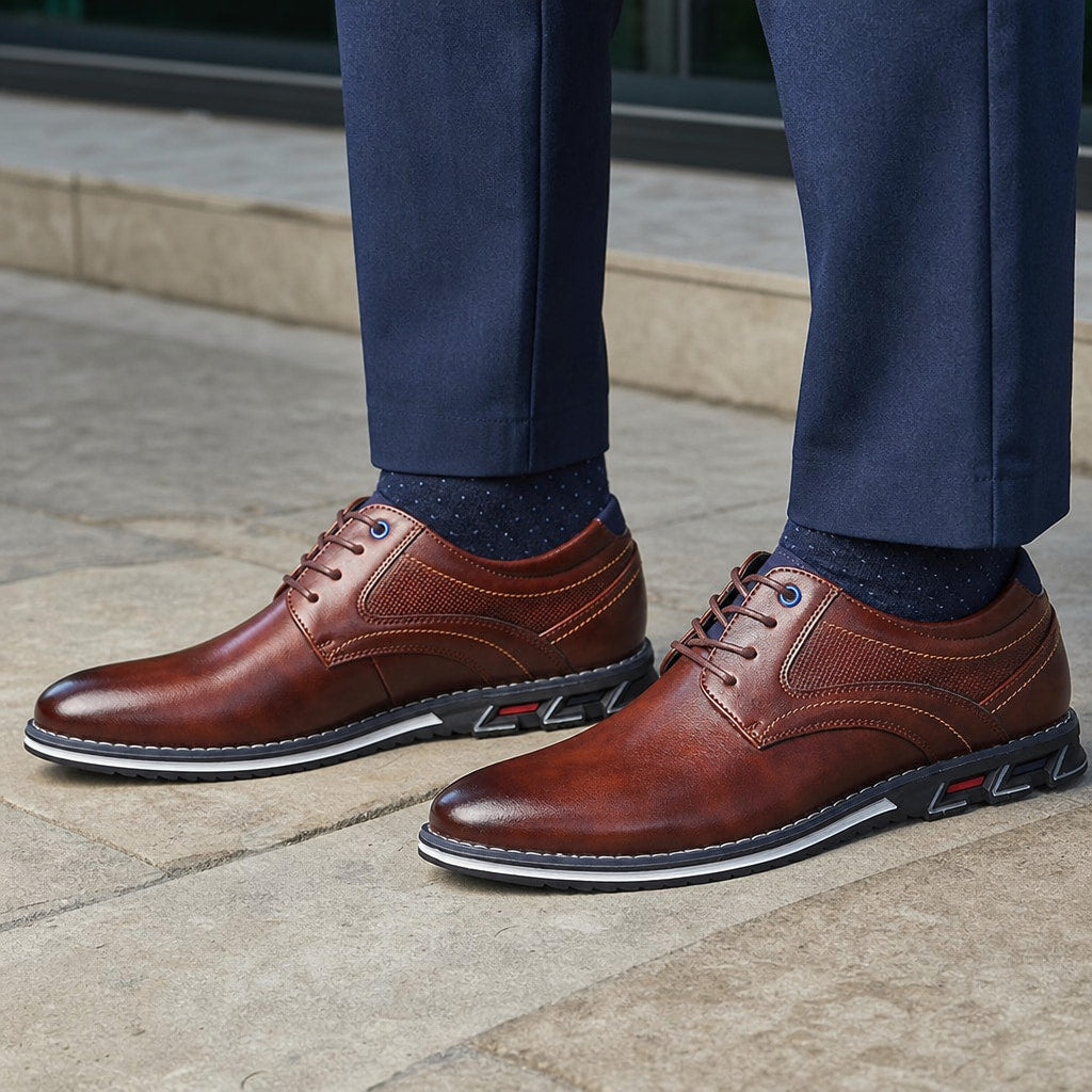 Oxford Shoes Lace-Up Leather Business Two Colors Brown – Full Look