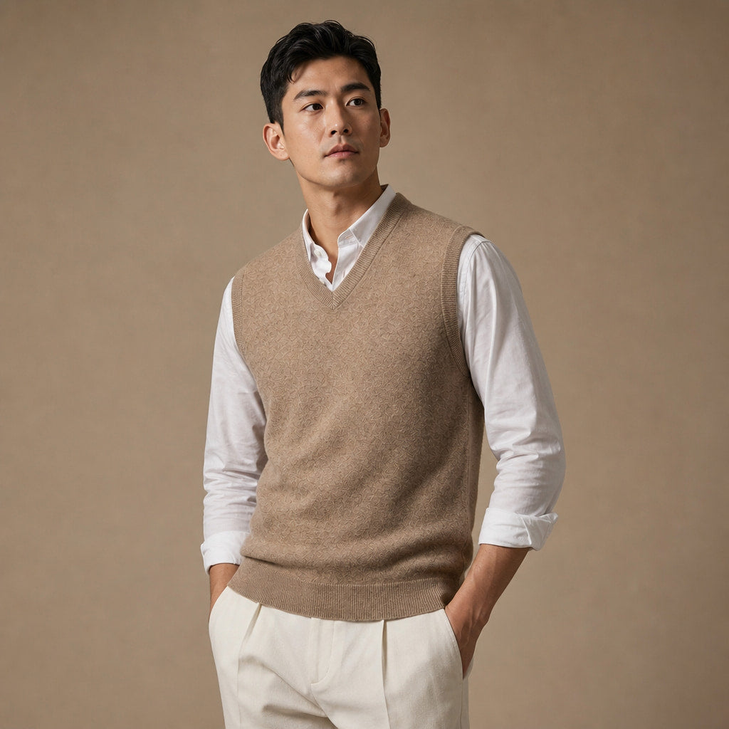 Knitted Waistcoat Cashmere V-Neck Camel – Side Angle View