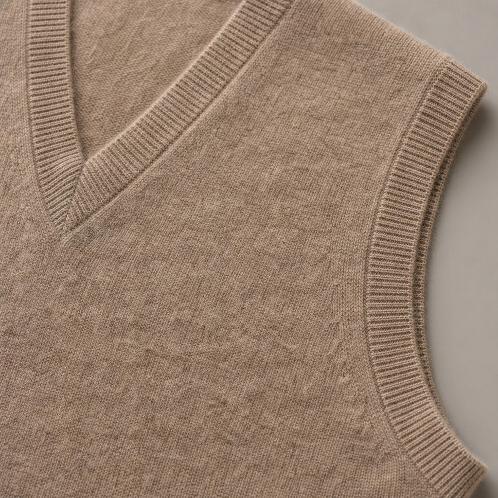 Knitted Waistcoat Cashmere V-Neck Camel – Fabric and Detail Close-Up