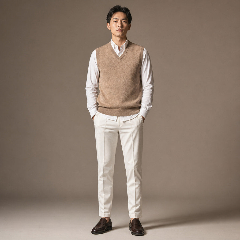 Knitted Waistcoat Cashmere V-Neck Camel – Full Look