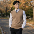 Knitted Waistcoat Cashmere V-Neck Camel – Styled Editorial Shot