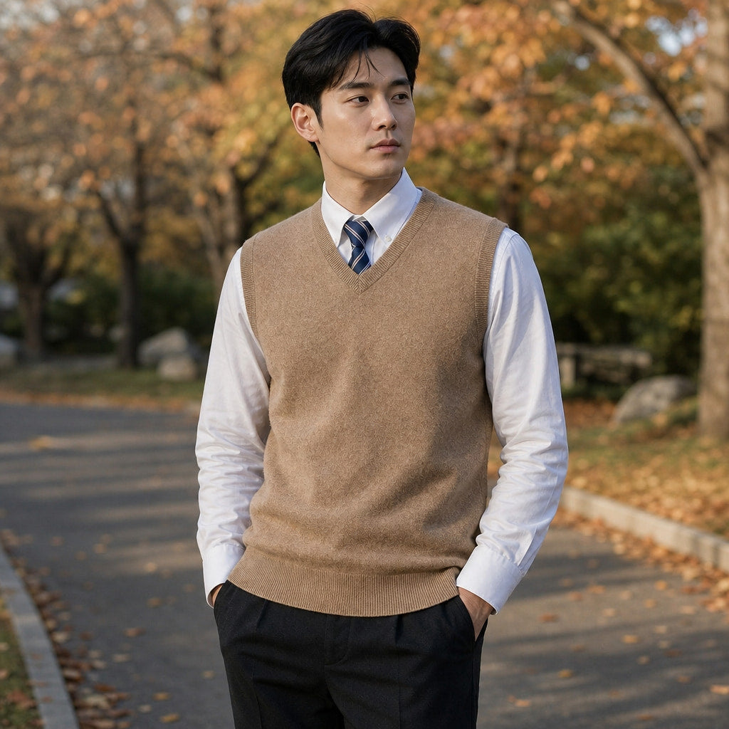 Knitted Waistcoat Cashmere V-Neck Camel – Styled Editorial Shot