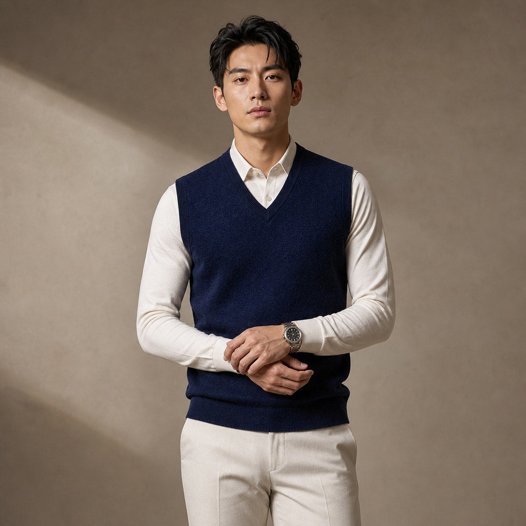 Knitted Waistcoat Cashmere V-Neck Navy Blue – Product Photo