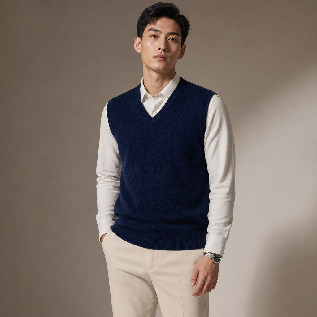 Knitted Waistcoat Cashmere V-Neck in Navy Blue – Tarlano Premium Menswear