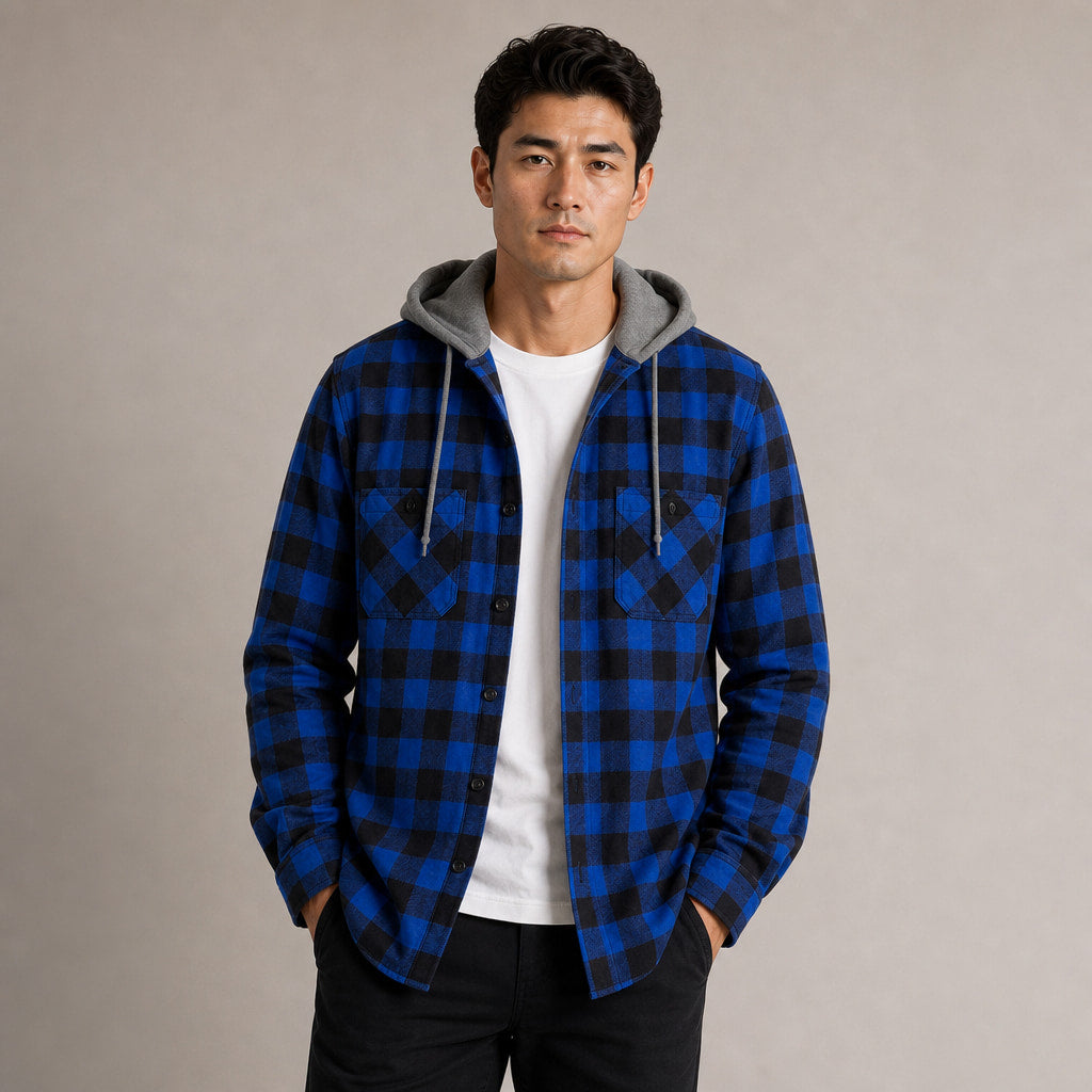 Plaid Hooded Flannel Jacket Long Sleeve Button-Down Blue – Product Photo